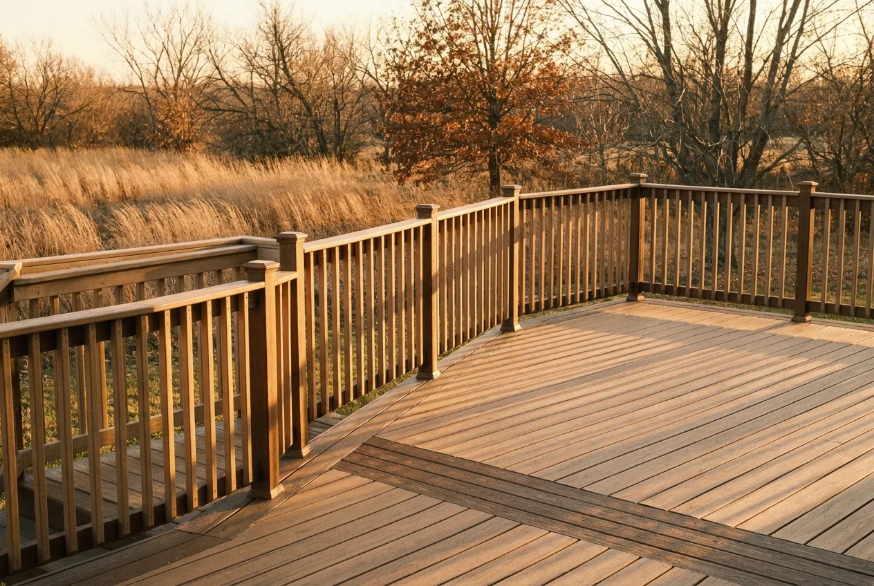 A finished wood deck with railing in a backyard setting.
