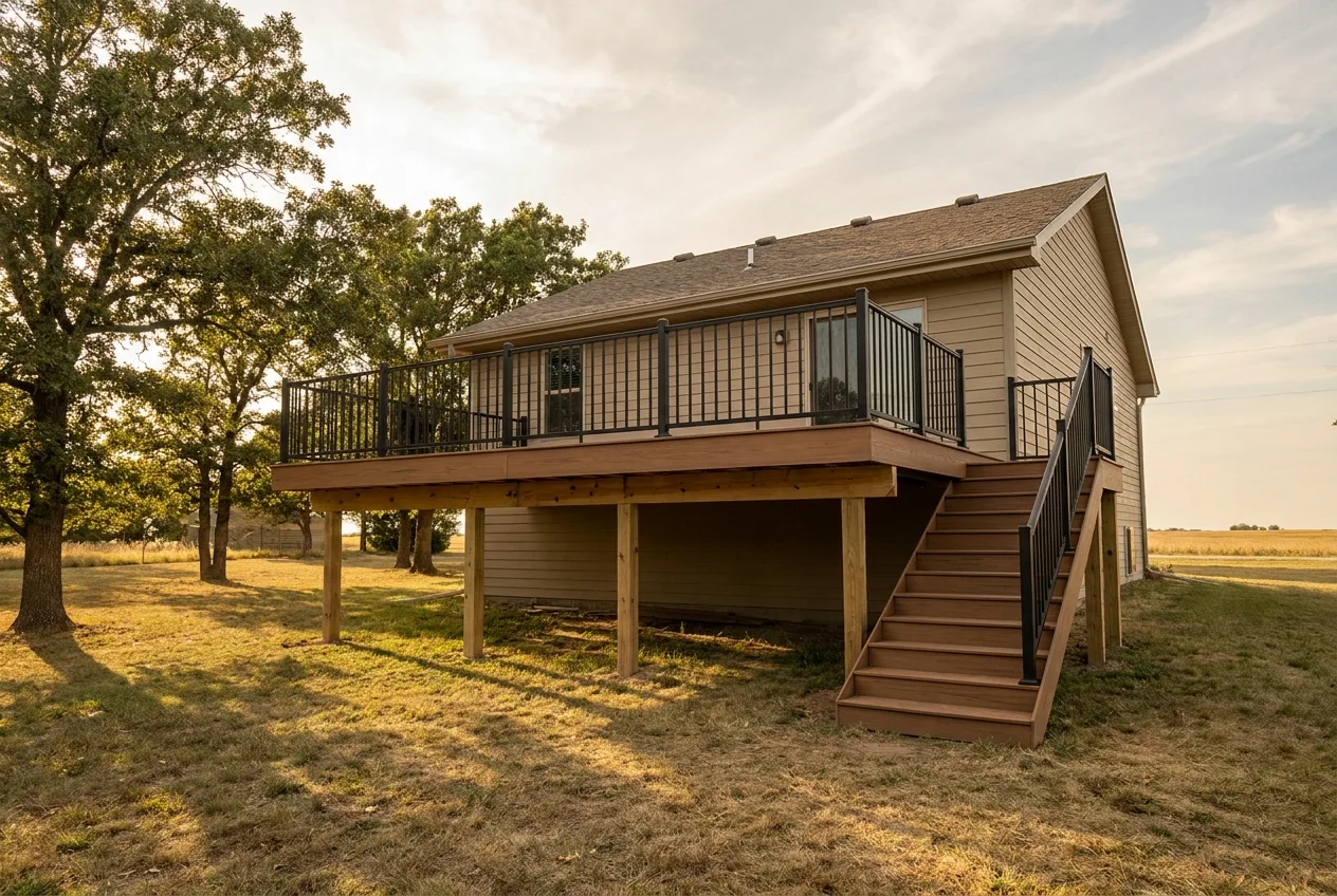 A newly built deck attached to a single-family home.