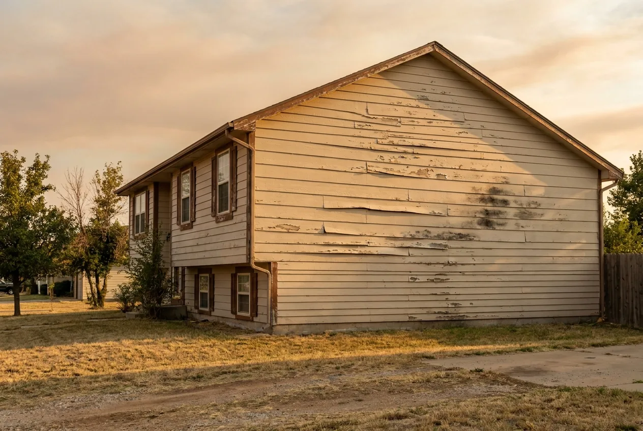 A weathered exterior wall with cupped and split siding boards and an open joint at the corner of a house, shown in plain daylight.