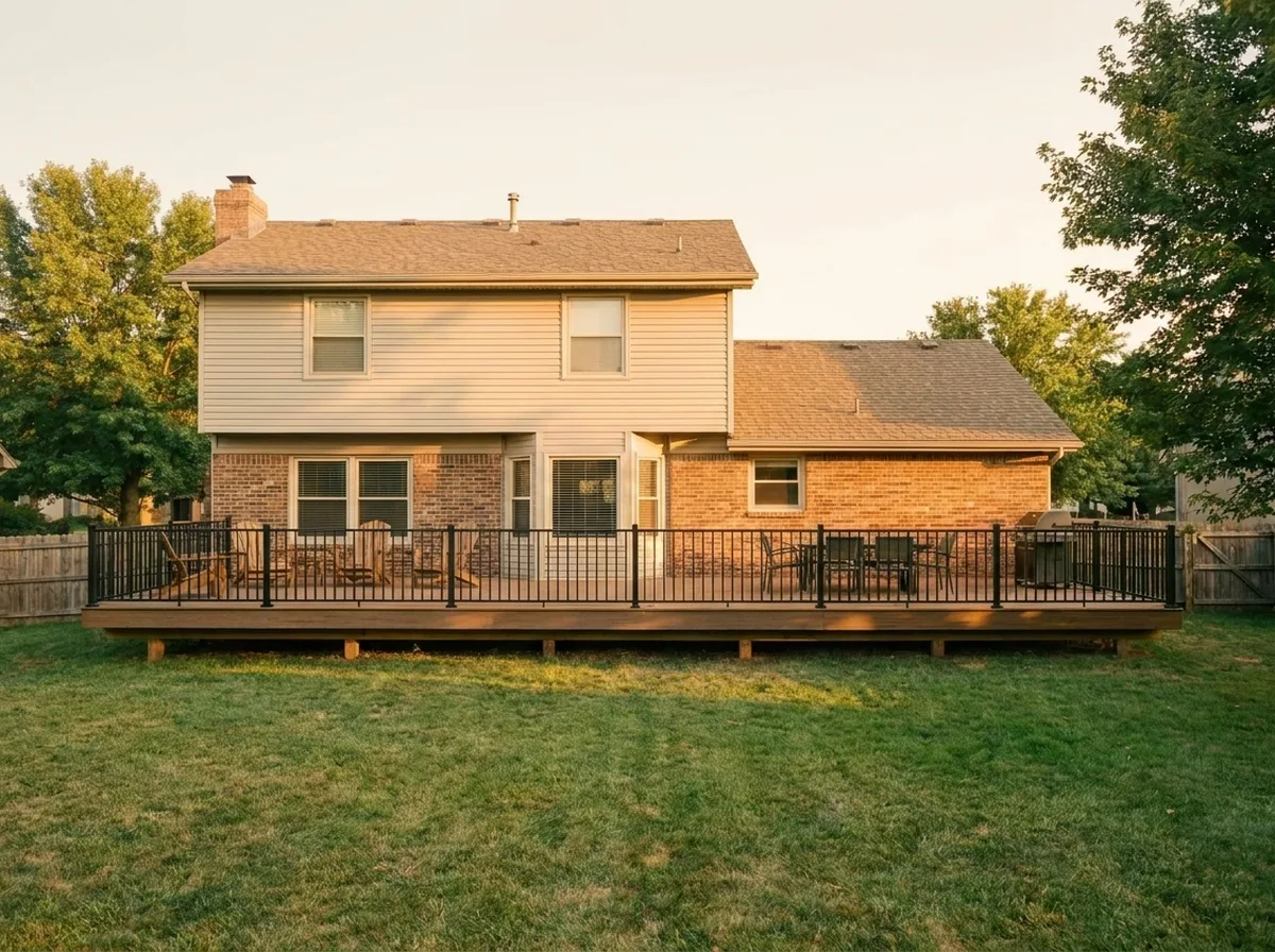 A composite deck spans the back of a two-story home, with black metal railing, patio furniture, and a grill, in warm late-afternoon light.