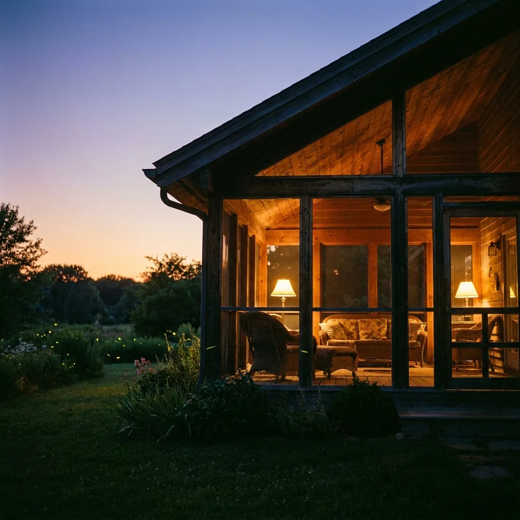 Screened porch with furnished seating at dusk