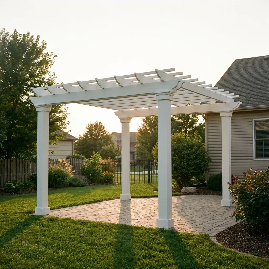 A neutral-toned pergola in a tidy, architecturally uniform residential setting with modest scale.