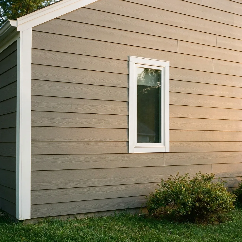 Close detail of a siding lap profile meeting a corner post and window trim.