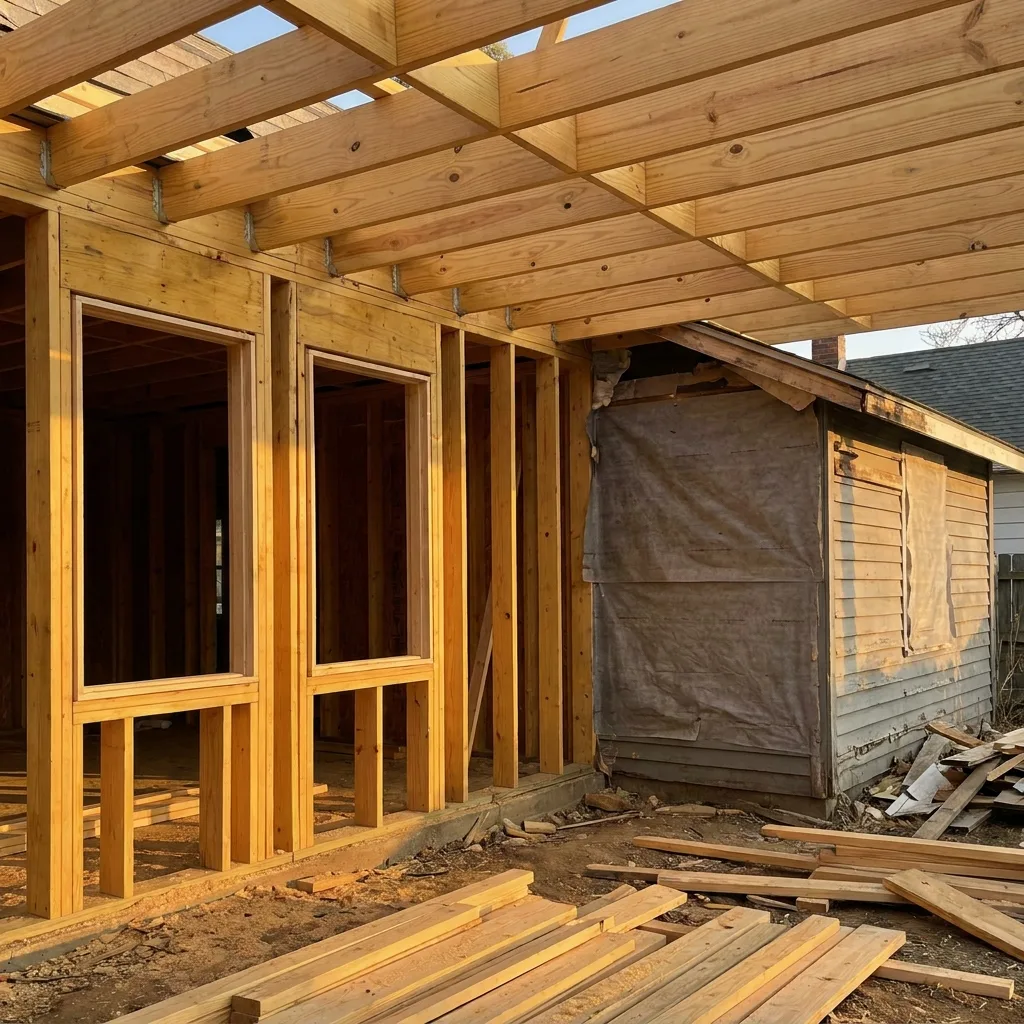 Framing and window openings of a room addition, with the roof tied into the existing roofline.
